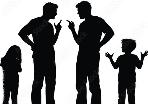 “Silhouette of arguing adults with children observing family conflict communication tension parenting disagreement stressed relationship scene illustration”