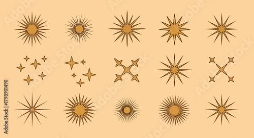Golden starburst collection on a light beige background, concept for celestial designs, astrological prints and festive embellishments