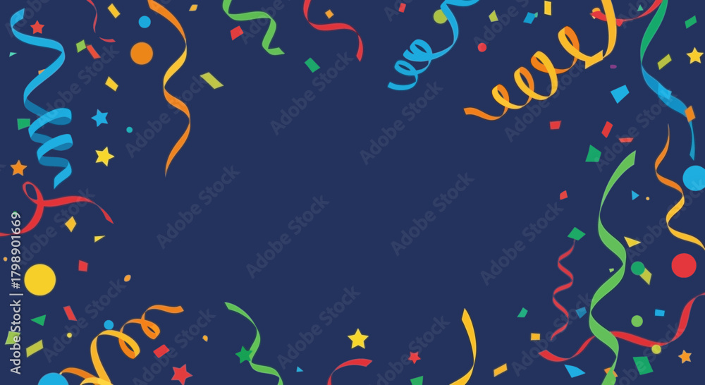Naklejka premium Festive confetti and streamers on dark blue background, concept for birthday party, celebration invitation and holiday marketing
