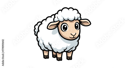 Illustration of a cute cartoon sheep with a fluffy white wool coat and smiling face, concept for children's books, farm animal education and seasonal greeting cards