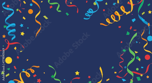 Festive confetti and streamers on dark blue background, concept for birthday party, celebration invitation and holiday marketing