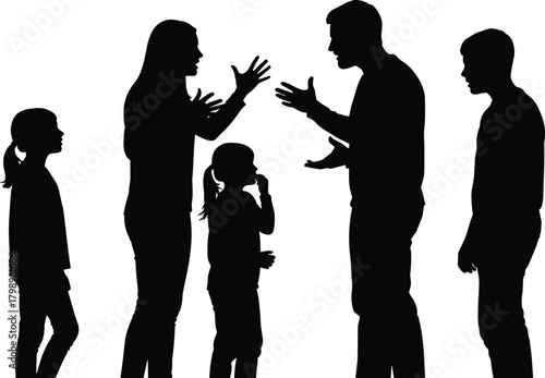 “Silhouette of arguing parents with children watching family conflict scene, emotional family tension illustration showing dramatic communication”
