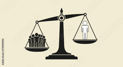 Stylized depiction of a balance scale with a group of figures versus a single figure, concept for equality demonstration, justice system and legal comparison