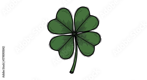 Hand-drawn style green four-leaf clover with detailed linework on a white background, concept for Saint Patrick's Day illustrations, Irish heritage designs and good luck charms