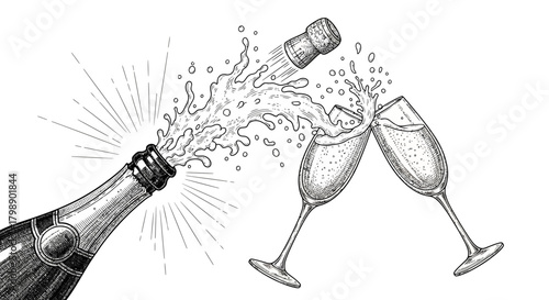 Hand drawn champagne bottle exploding with cork flying and champagne glasses toasting, concept for celebration design, party invitation and festive occasions