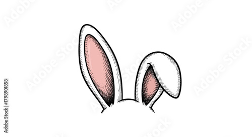 Sketch illustration of bunny ears with pink inner ear details isolated on a white background, concept for easter celebration, seasonal design and spring decoration