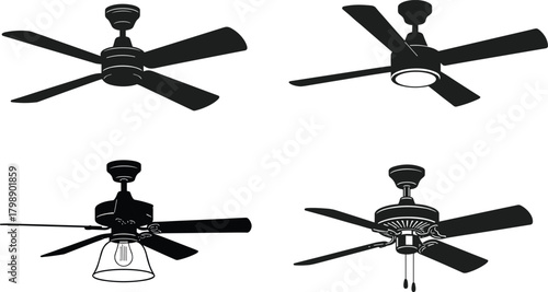 Ceiling fan vector set, modern and vintage styles, decorative blades, light fixture fans, home interior icons, flat illustration design
