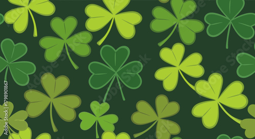 Seamless pattern of green shamrocks on a dark green background, concept for St. Patrick's Day celebration, Irish heritage and spring designs