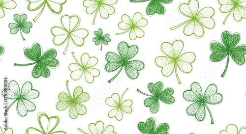 Seamless pattern of hand-drawn shamrocks on a white background, concept for Saint Patrick's Day backgrounds, textile design and wrapping paper