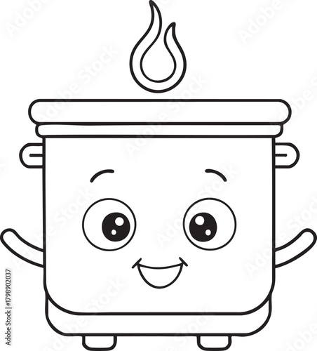 Cute cooking pot with happy face line art steaming pot illustration for kids fun cooking themed pages