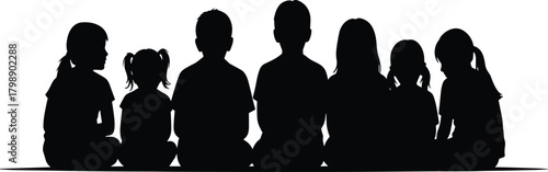 “Silhouette of group of children sitting together in row facing forward on white background community teamwork concept illustration”