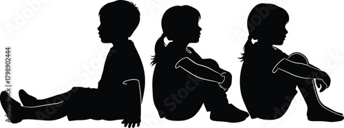 “Silhouette of three children sitting together on the ground in peaceful posture, calm thoughtful moment in simple illustration”