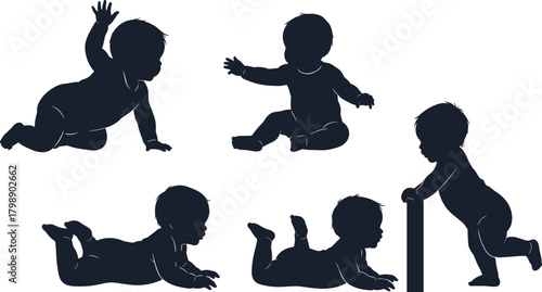 “Silhouette set of baby crawling sitting standing in various poses showing early infant development stages and playful movements”