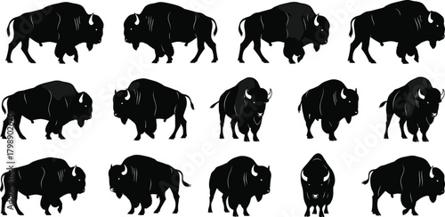 American bison silhouette vector, black wildlife icons, buffalo posture graphics, prairie animal clipart, nature illustration, strong design element set