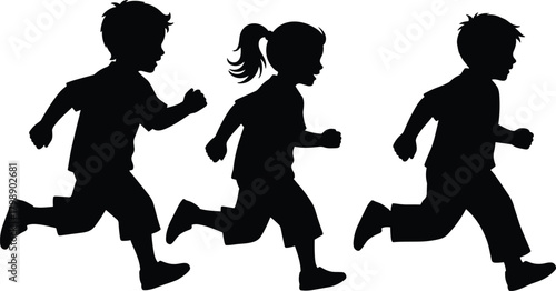 “Three running children silhouettes active kids jogging motion playful youth outdoor exercise energetic illustration black vector design”