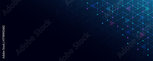 Abstract geometric triangular network with colorful dots on dark background