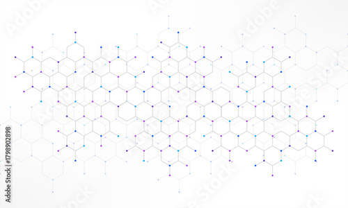 Abstract hexagonal molecular structure with colorful dots on white background