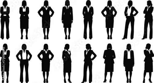 Business attire silhouette vector, professional people icons, corporate pose graphics, black office figures, formal clothing clipart, workplace posture illustration