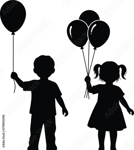 Children silhouette holding balloons at celebration event, playful boy and girl illustration for birthday party design and festive projects