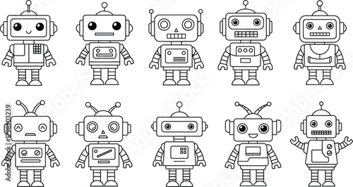 Cartoon robot silhouette vector, black tech icons, cute machine graphics, character clipart, futuristic illustration, AI design set, playful style