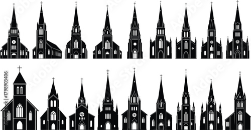 Church silhouette vector, black religious building icons, gothic and traditional architecture graphics, Christian worship clipart, cathedral design illustration set