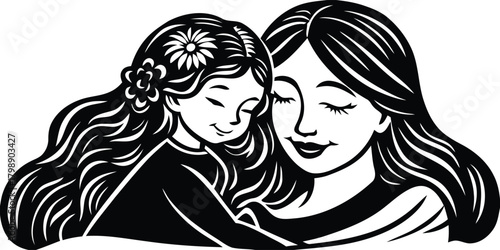 A beautiful black and white illustration depicting the tender and affectionate embrace between a loving mother and her young daughter