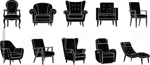Chair silhouette vector, furniture design icons, modern and classic seating, interior decor clipart, black chair shapes, home style graphics