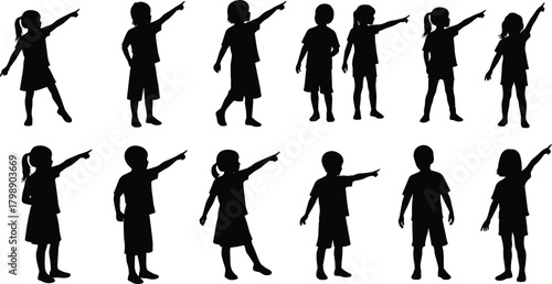Silhouette children pointing forward in various poses, playful kids standing together, expressive gesture illustration for creative design projects