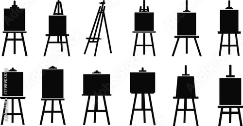 Easel and canvas silhouette vector, black art icons, painting stand graphics, studio clipart, creative illustration, drawing design element set