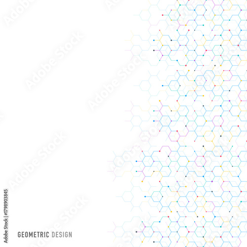 Abstract hexagonal molecular structure with colorful dots on white background