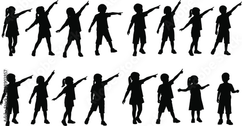 Silhouette children pointing in various playful poses, group of kids showing direction, expressive gesture illustration for creative projects