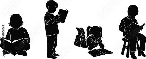 Silhouette children reading books in various poses, kids studying indoors, sitting standing and lying reading positions, educational vector set