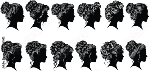 Female hairstyle silhouette vector, black profile icons, elegant updo graphics, bun and curl clipart, beauty fashion illustration, hair design set
