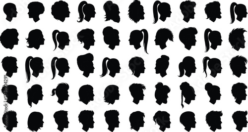 Silhouette diverse male female head profiles with various hairstyles, modern hairstyle collection, black vector faces for design templates