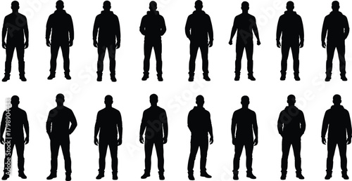 Human silhouette vector, standing male poses, casual hoodie figure icons, black posture graphics, body gesture clipart, urban style illustration