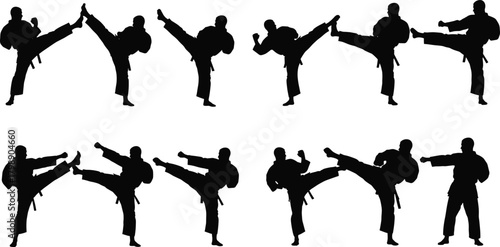 Martial arts silhouette vector, high kick poses, black fighter graphics, karate uniform icons, combat stance illustration, self-defense training clipart