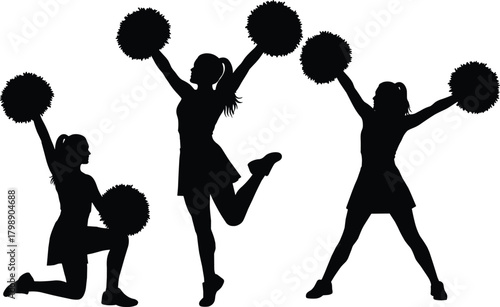 Silhouette of cheerleaders performing energetic poses with pom poms, cheerleading dance movement illustration, active sports team concept