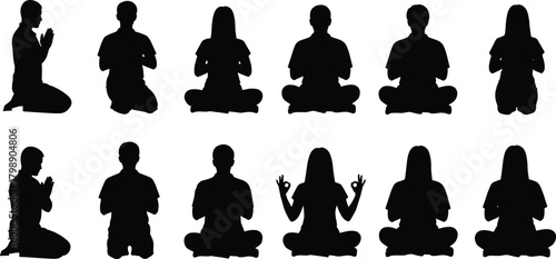 Meditation silhouette vector, spiritual pose icons, black seated figures, prayer posture graphics, mindfulness clipart, yoga illustration, peaceful design set