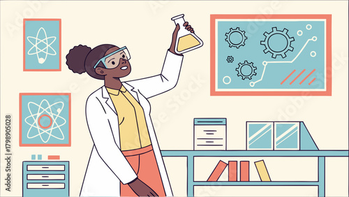 Scientist examining flask in laboratory isolated on
