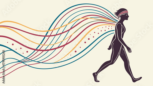 Silhouette of a woman walking with colorful trails isolated on