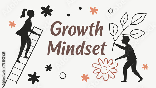 Growth mindset illustration with silhouettes climbing towards selfimprovement
