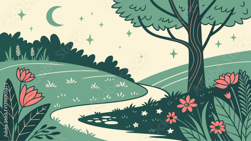 A winding path through a serene landscape under the starry night sky