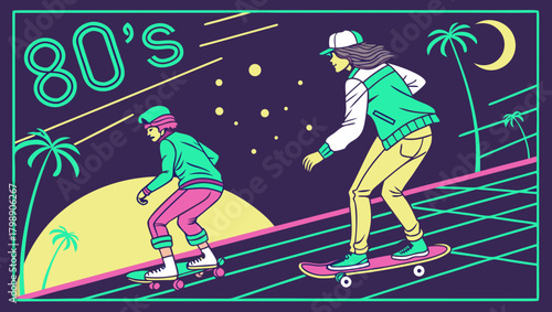 Retro 80s style illustration of two skateboarders under a neonlit sky