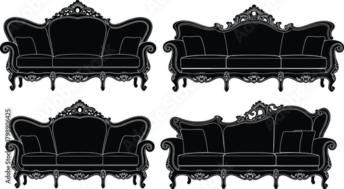 Vintage sofa silhouette vector, black furniture icons, ornate couch graphics, classic seating clipart, interior design illustration, elegant decor element set