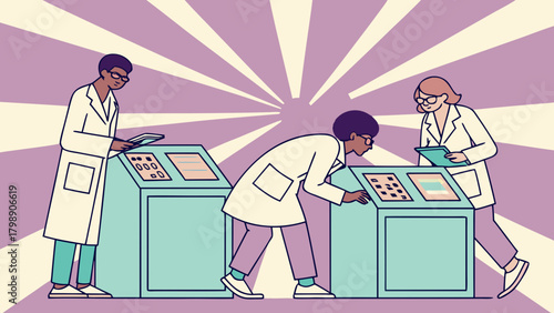 Scientists in lab coats conduct experiments with advanced technology equipment