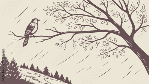 Bird perched on a tree branch in a rainy forest landscape scene