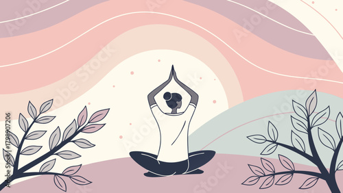 Woman in lotus position meditating with arms raised against pastel sky