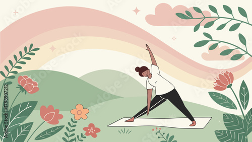 Woman in triangle pose on yoga mat with rainbow and floral background