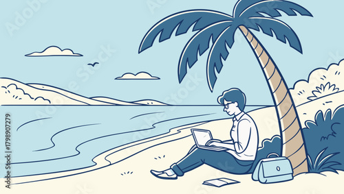 Freelancer enjoying remote work on a tropical beach isolated on