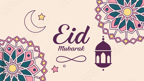 Eid mubarak greeting card with crescent moon and star isolated on